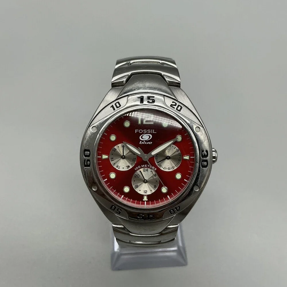 Fossil Blue Mens Watch 39mm Red Dial Stainless Steel Diver 100M New Battery 7